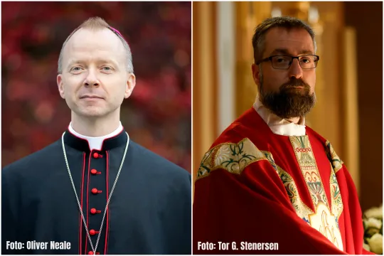 Portretter av biskop Erik Varden og biskop Fredrik Hansen. 