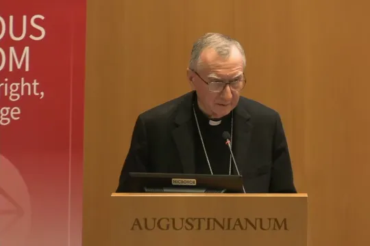 Kardinal Pietro Parolin taler på en pressekonferanse