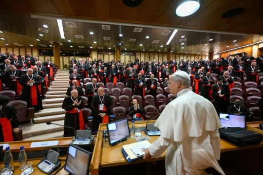 Pave Leo XIV taler til kardinaler i synodesalen i Vatikanet