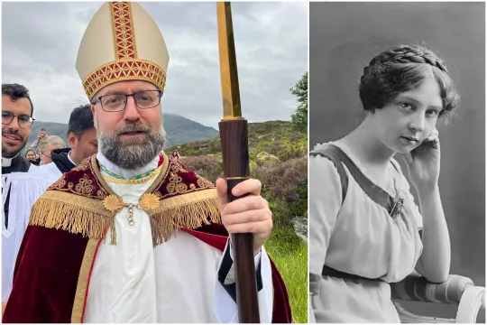 Collage av biskop Fredrik Hansen påvei til klosterruinene på Selja 8. juli 2026 og en ung Sigrid Undset. 