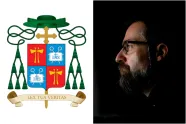 Biskop Fredrik Hansens våpen (til venstre) og biskop Fredrik Hansen (til høyre)