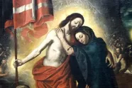 Nærbilde: Maleri av den oppstandne Jesus som omfavner sin mor Maria