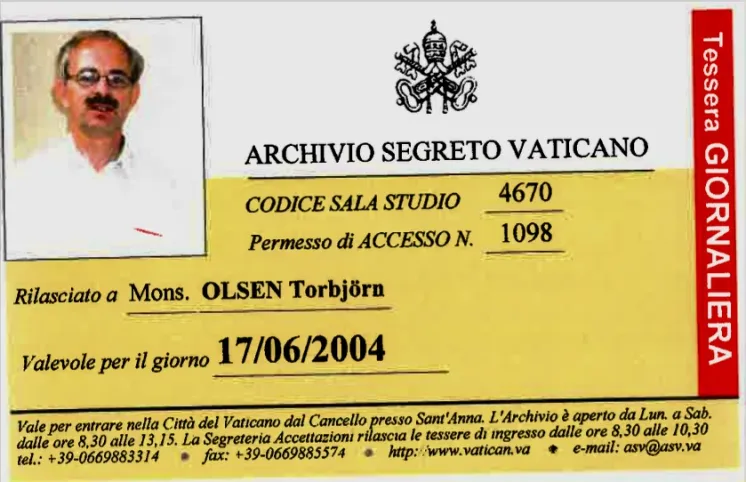 Mgr. Torbjørn Olsens adgangskort til Vatikanets hemmelige arkiv..