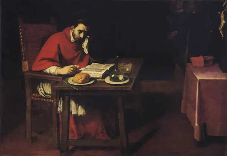 Maleri av den hellige Karl Borromeus som sitter ved et bord med et stykke brød