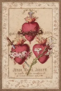 Et gammelt bønnekort med Jesu, Marias og Josefs hjerter