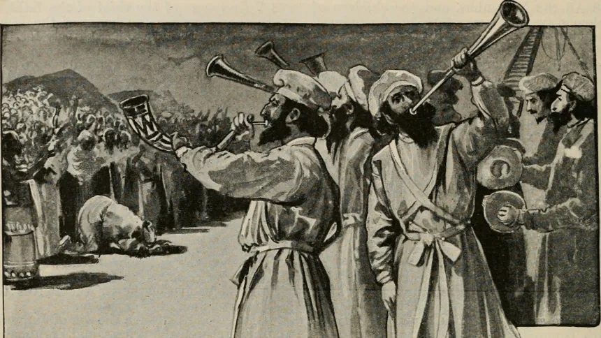 Bibelillustrasjon av israelittiske prester som blåser i horn