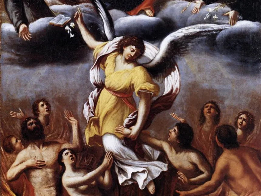 Maleri av engel som redder sjeler ut av skjærsilden