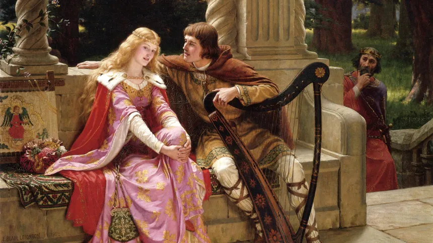 Edmund Leightons maleri av Tristan og Isolde som sitter sammen på en benk, med en nysgjerrig mann i bakgrunnen