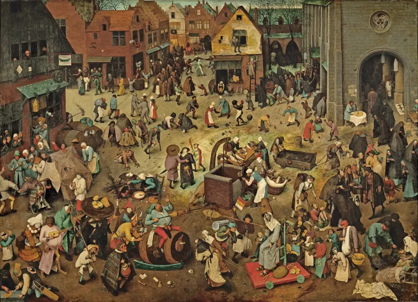 Maleri med masse mennesker i en by av Pieter Bruegel den eldre