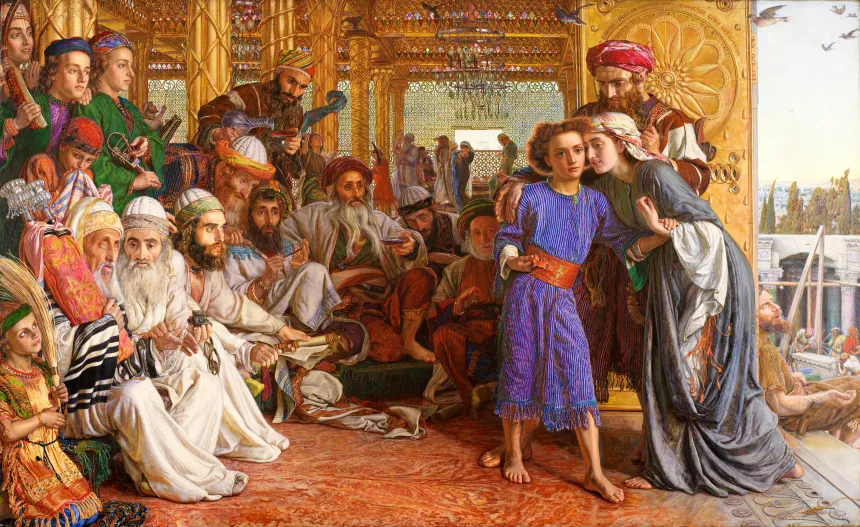 Maleri av Jesus som blir gjenfunnet i tempelet av Maria og Josef