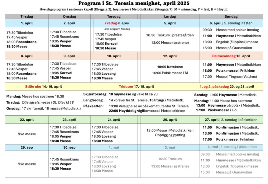 Messeplan for St. Teresia menighet april 2025