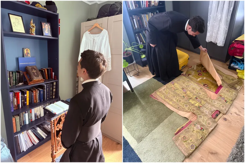To bilder av Mathias Ledum som forbereder seg til prestevielsen