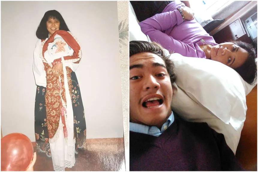 Mathias Ledum med sin mor, ved dåpen og i sykesengen