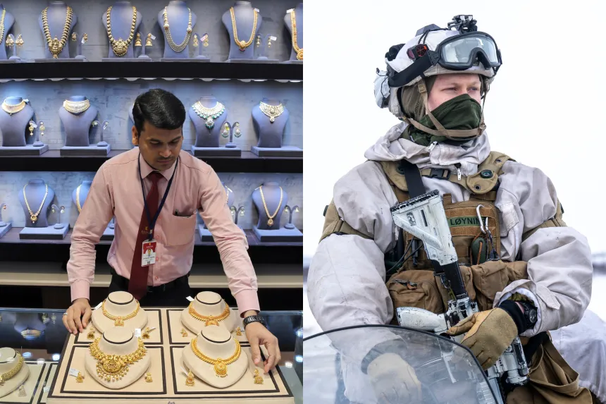 Foto av forretningsmann (til venstre) og soldat (til høyre)