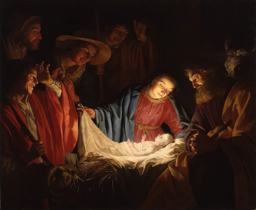 Maleri av gjetere som besøker Maria og Jesusbarnet