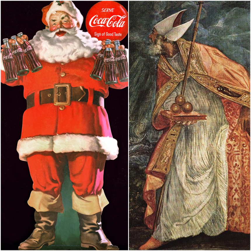 Coca Cola-julenissen til venstre og St. Nikolas til høyre.