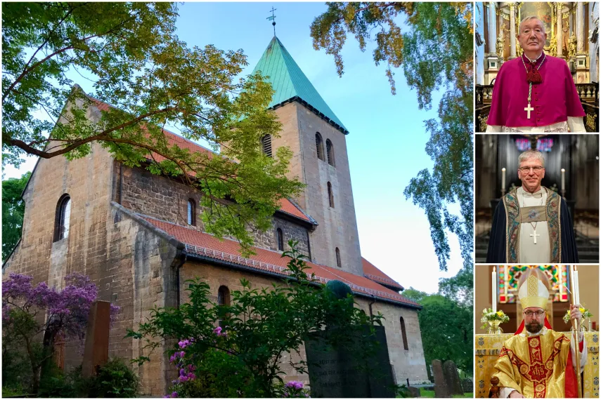 Collage av Gamle Aker kirke og de tre biskoper Bernt Eidsvig, Olav Fykse Tveit og Fredrik Hansen. 
