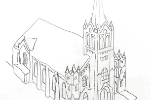 Kirke tegnet av Jana Warhatiuk