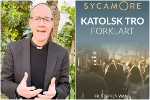 Et bilde av en katolsk prest til venstre og forsiden på en bok til høyre